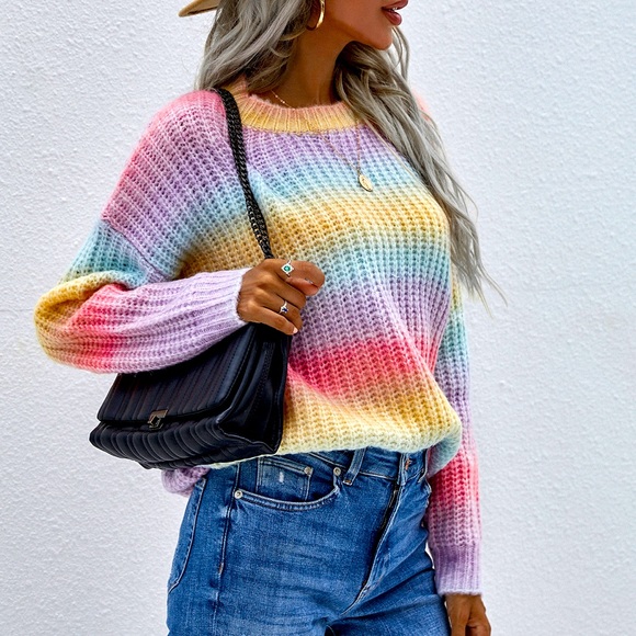 Stunning Mystery Sweaters - Rainbow Color Scoop Neck Oversized Sweater